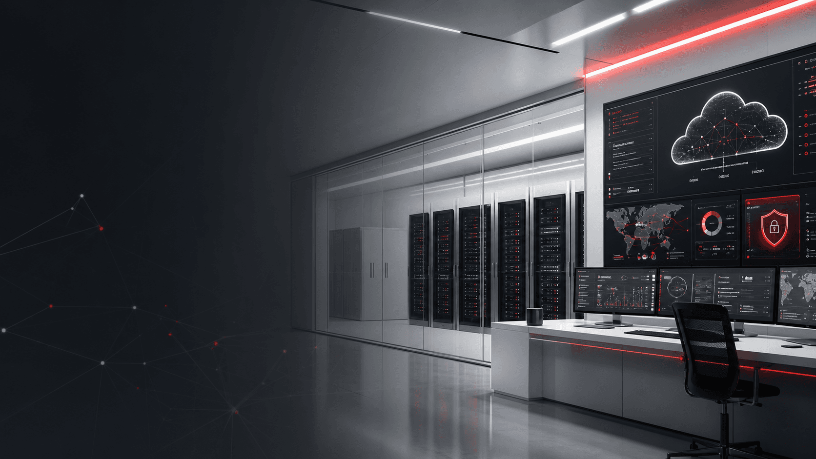 Modern IT operations center with cloud and cybersecurity dashboards